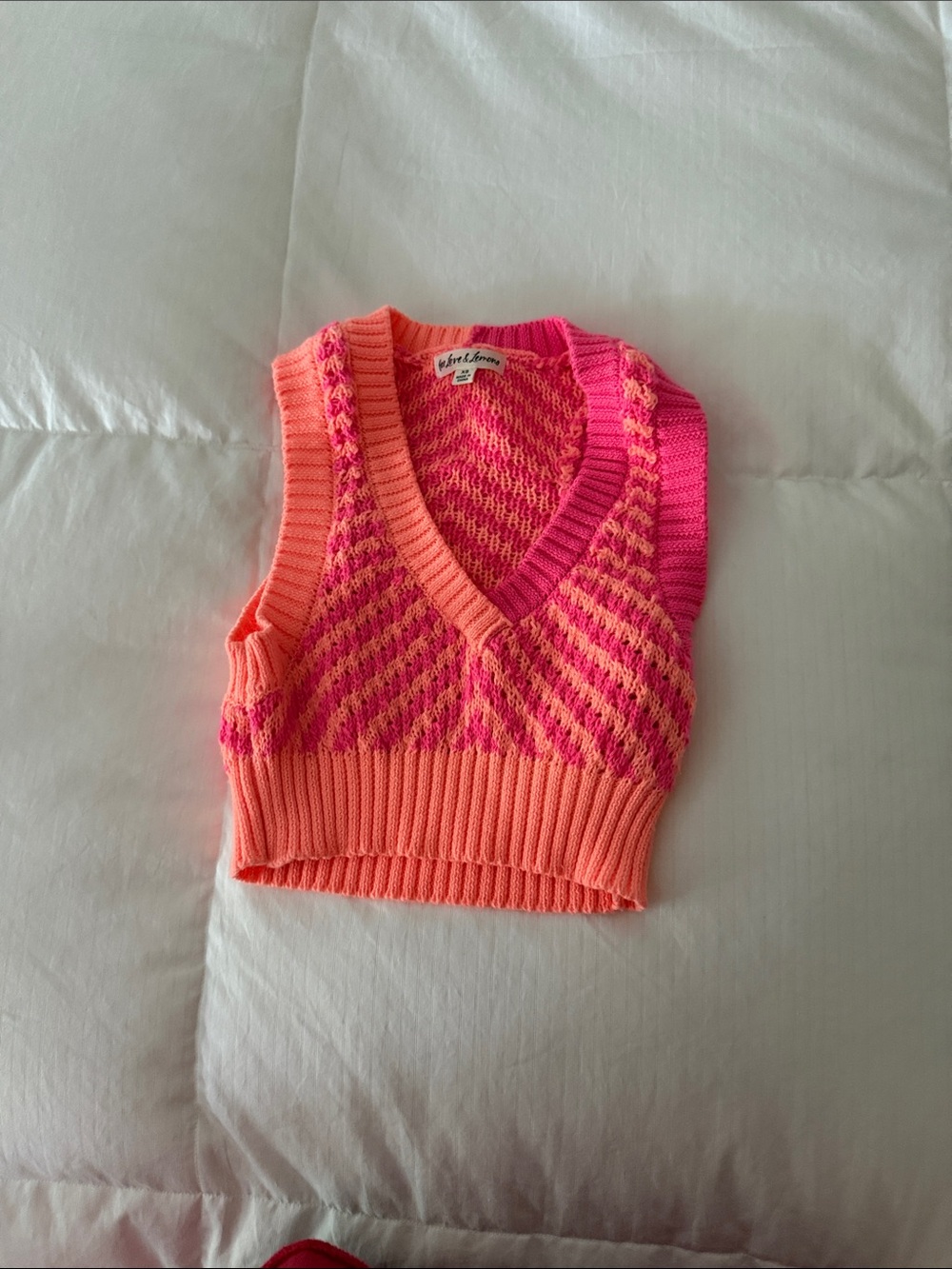 For Love & Lemons Neon Pink and Coral Knit V-Neck Sweater Vest